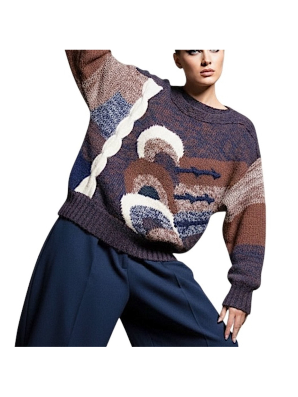 Vintage 80s 90s acrylic Angora abstract geometric brown blue white sweater L